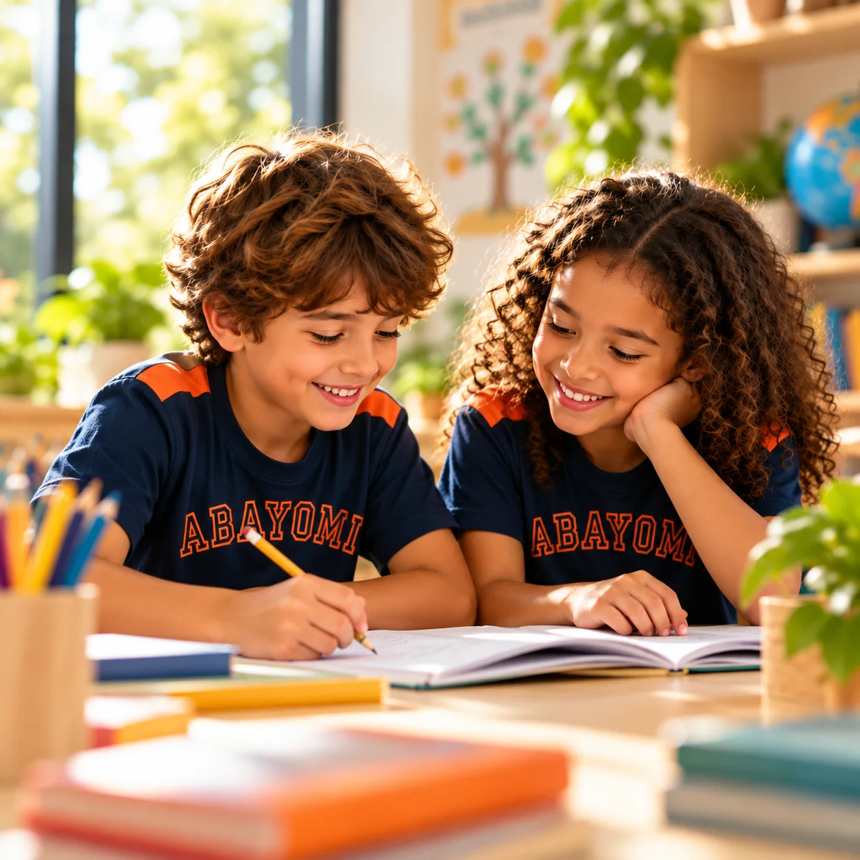 Alunos uniformizados estudando juntos