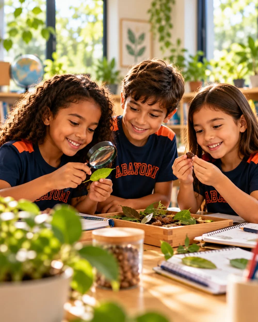 Alunos uniformizados investigando folhas e natureza